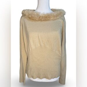 Liz Claiborne Beige Faux Fur Collar Sweater Long Sleeve Ribbed Hem Y2K Glam XL